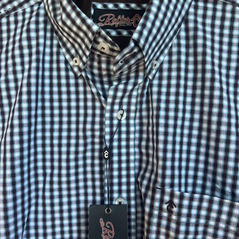 Rafter C Cowboy Mens Long Sleeve Sz L Button Down Shirt Plaid Teal Brown NWT
